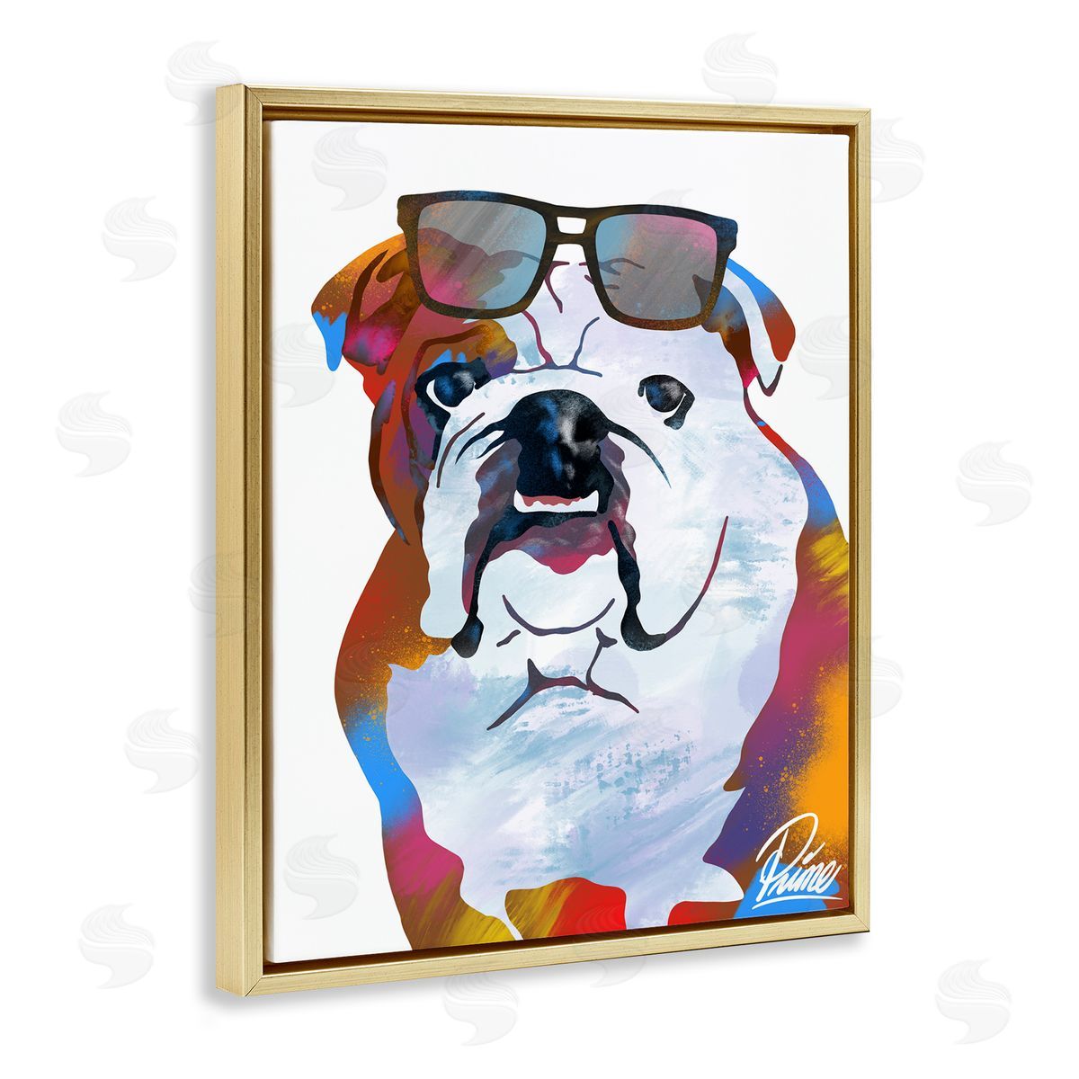 Marcus Prime Colorful Bulldog Portrait Stylish Sunglasses Gold Floater Frame Canvas Art