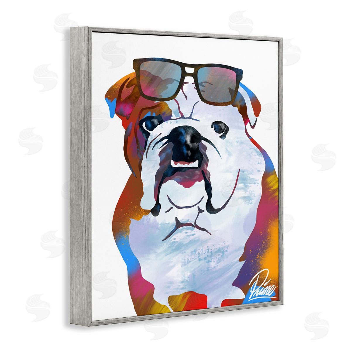 Marcus Prime Colorful Bulldog Portrait Stylish Sunglasses Gray Framed Giclee Wall Art