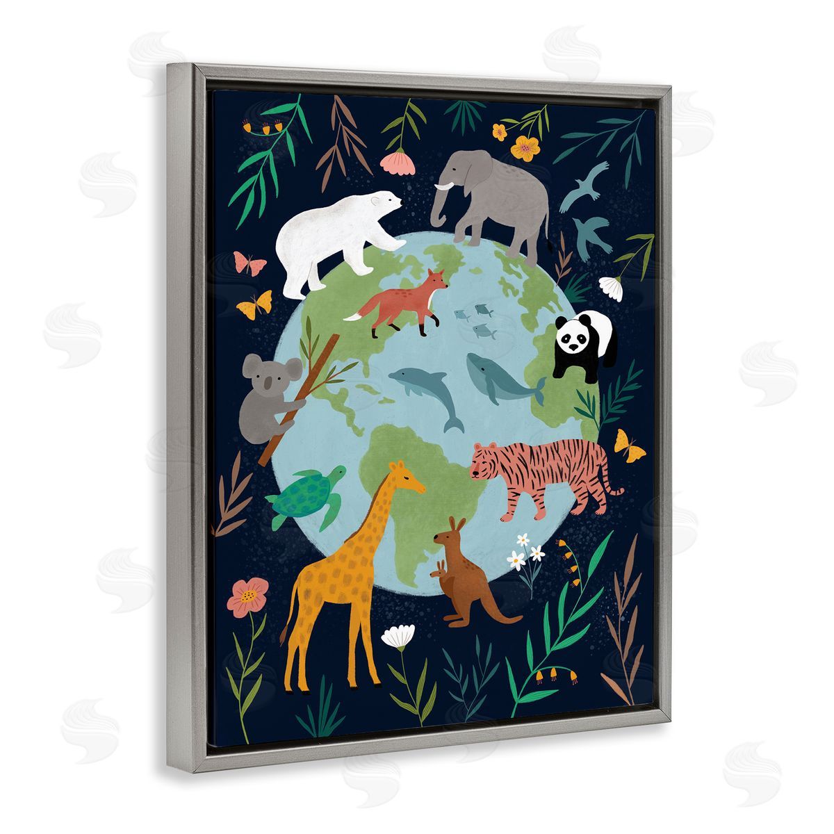 Nina Seven Jungle Animals Earth Floral Border Gray Floater Frame Canvas Art