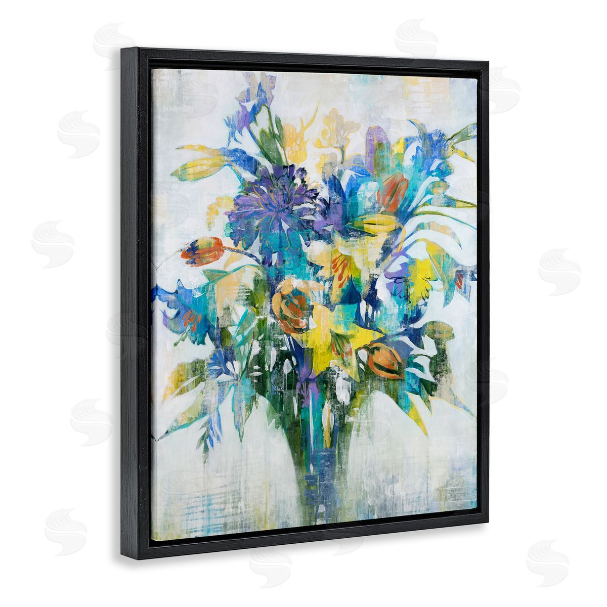 Liz Jardine Distressed Bouquet Spring Flowers Blue Black Floater Frame Canvas Art
