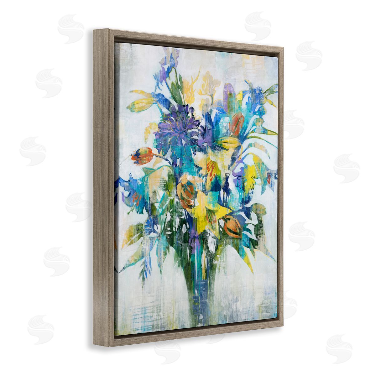 Liz Jardine Distressed Bouquet Spring Flowers Blue Brown Floater Frame Canvas Art