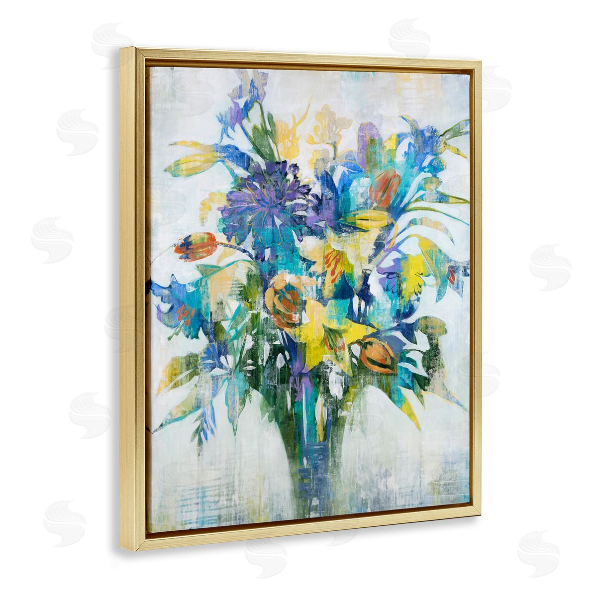 Liz Jardine Distressed Bouquet Spring Flowers Blue Gold Floater Frame Canvas Art