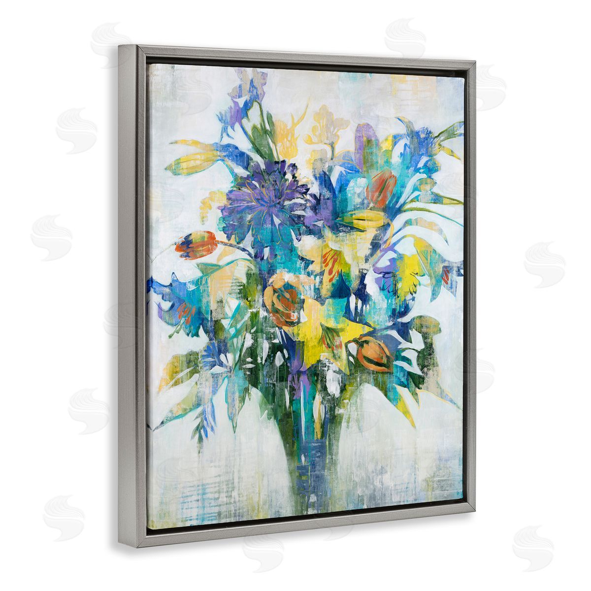 Liz Jardine Distressed Bouquet Spring Flowers Blue Gray Floater Frame Canvas Art