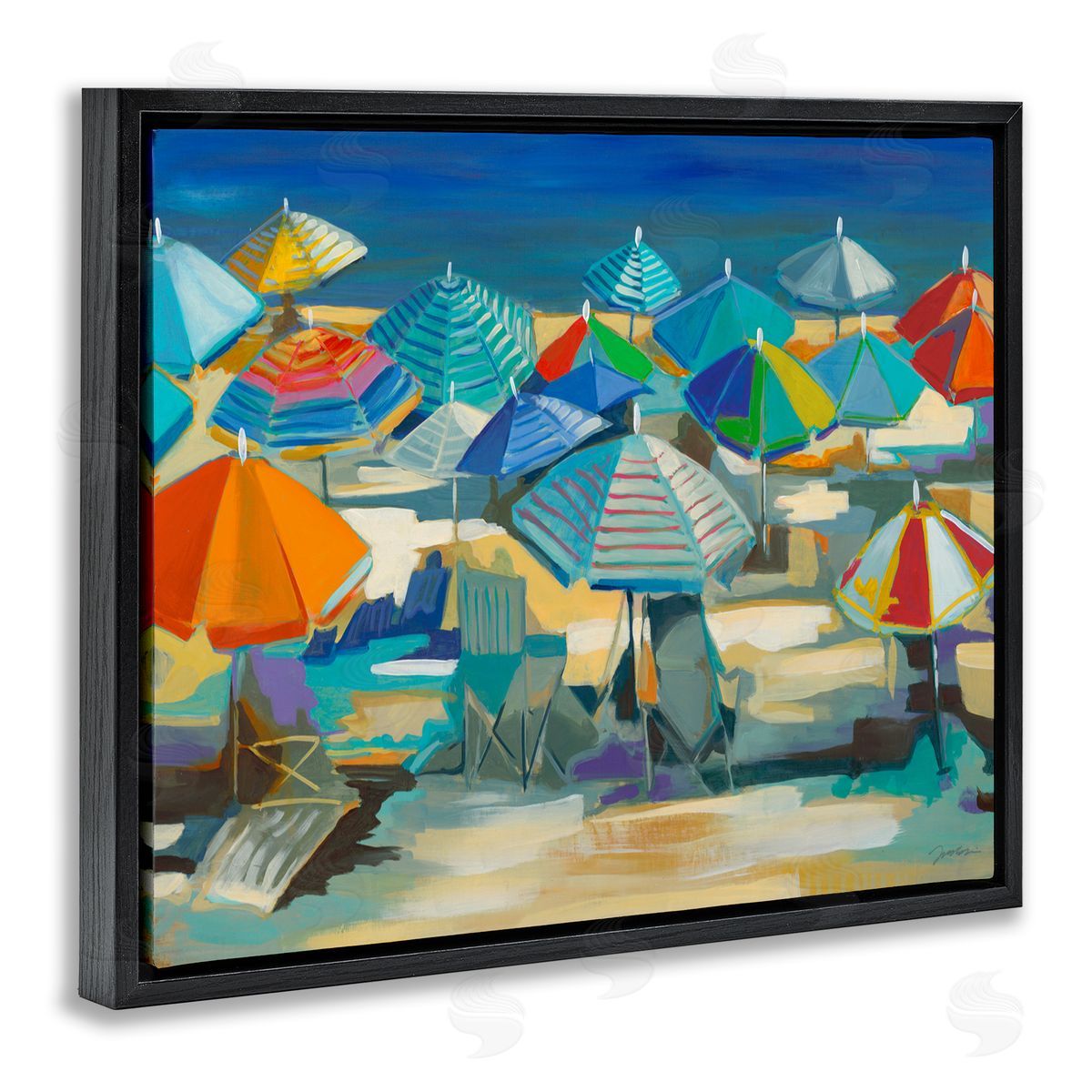 Liz Jardine Colorful Beach Umbrella Nautical Landscape Black Floater Frame Canvas Art