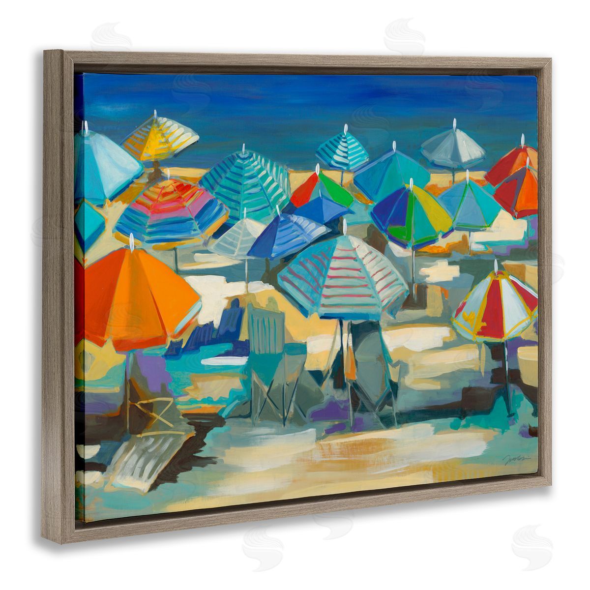 Liz Jardine Colorful Beach Umbrella Nautical Landscape Brown Floater Frame Canvas Art