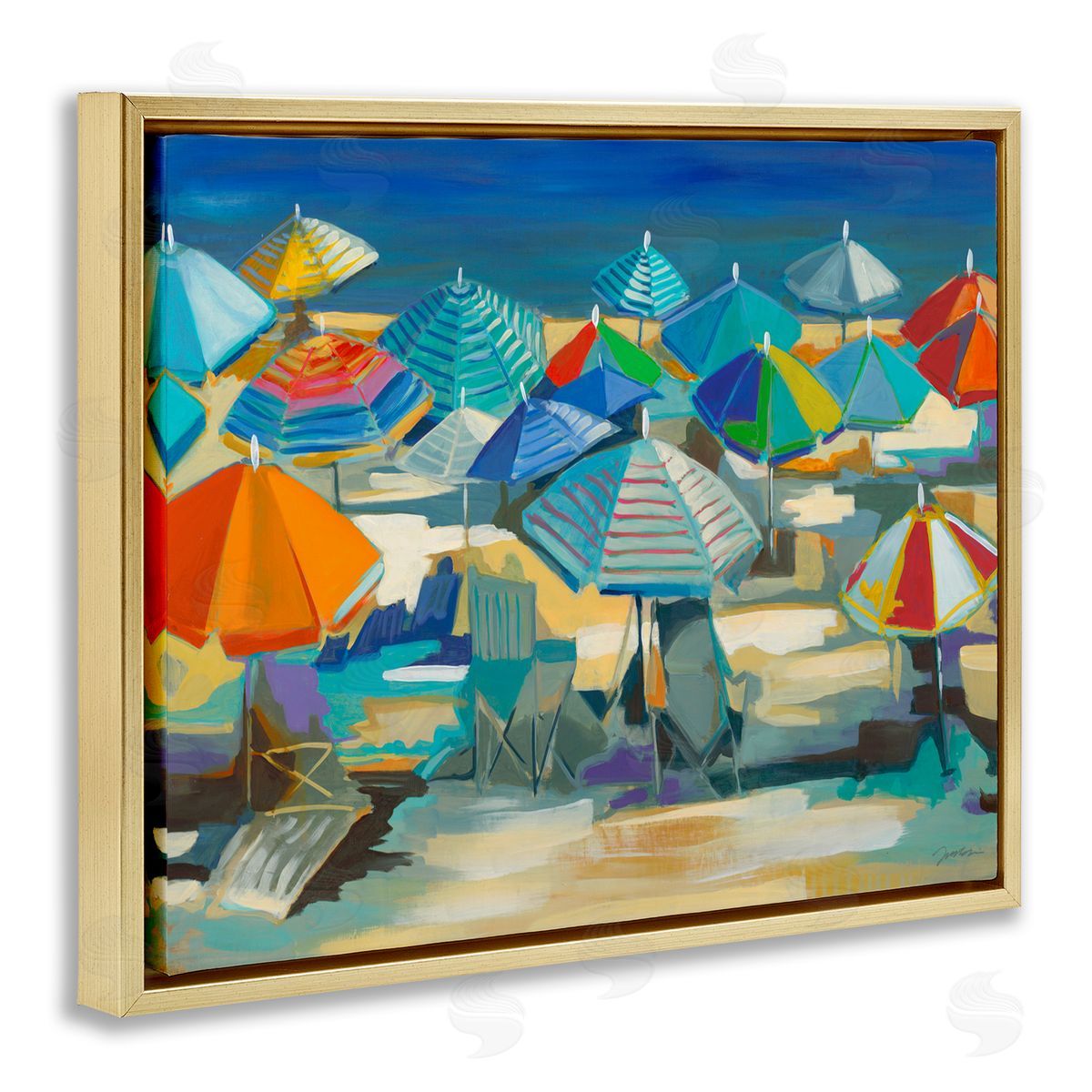 Liz Jardine Colorful Beach Umbrella Nautical Landscape Gold Floater Frame Canvas Art