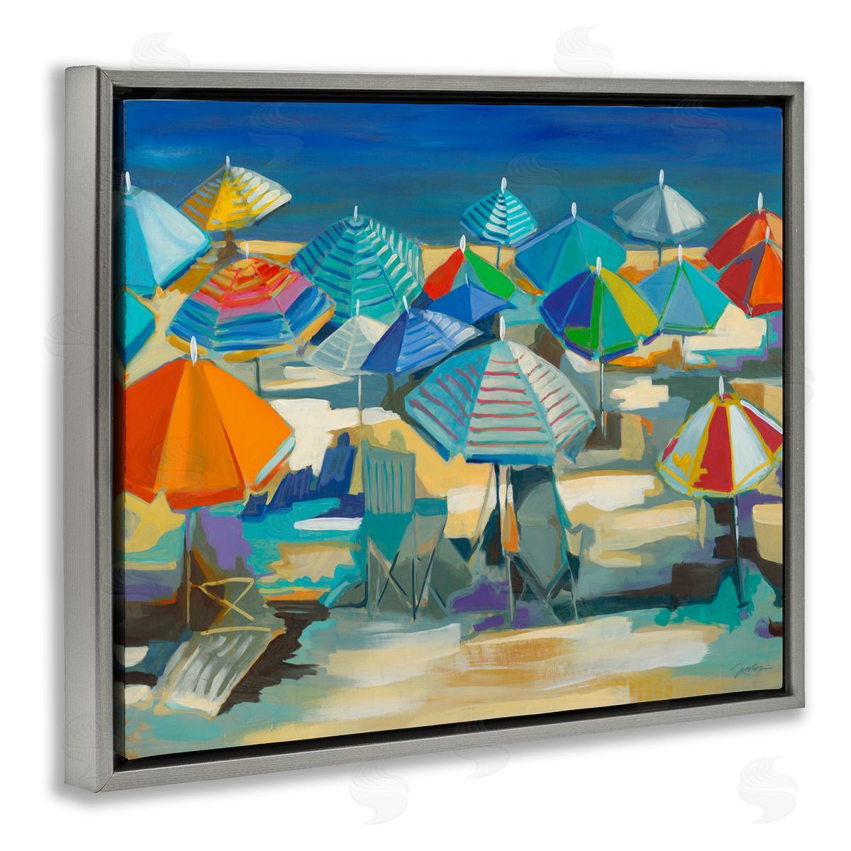 Liz Jardine Colorful Beach Umbrella Nautical Landscape Gray Floater Frame Canvas Art