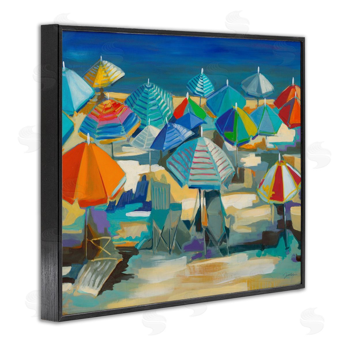 Liz Jardine Colorful Beach Umbrella Nautical Landscape Black Framed Giclee Wall Art