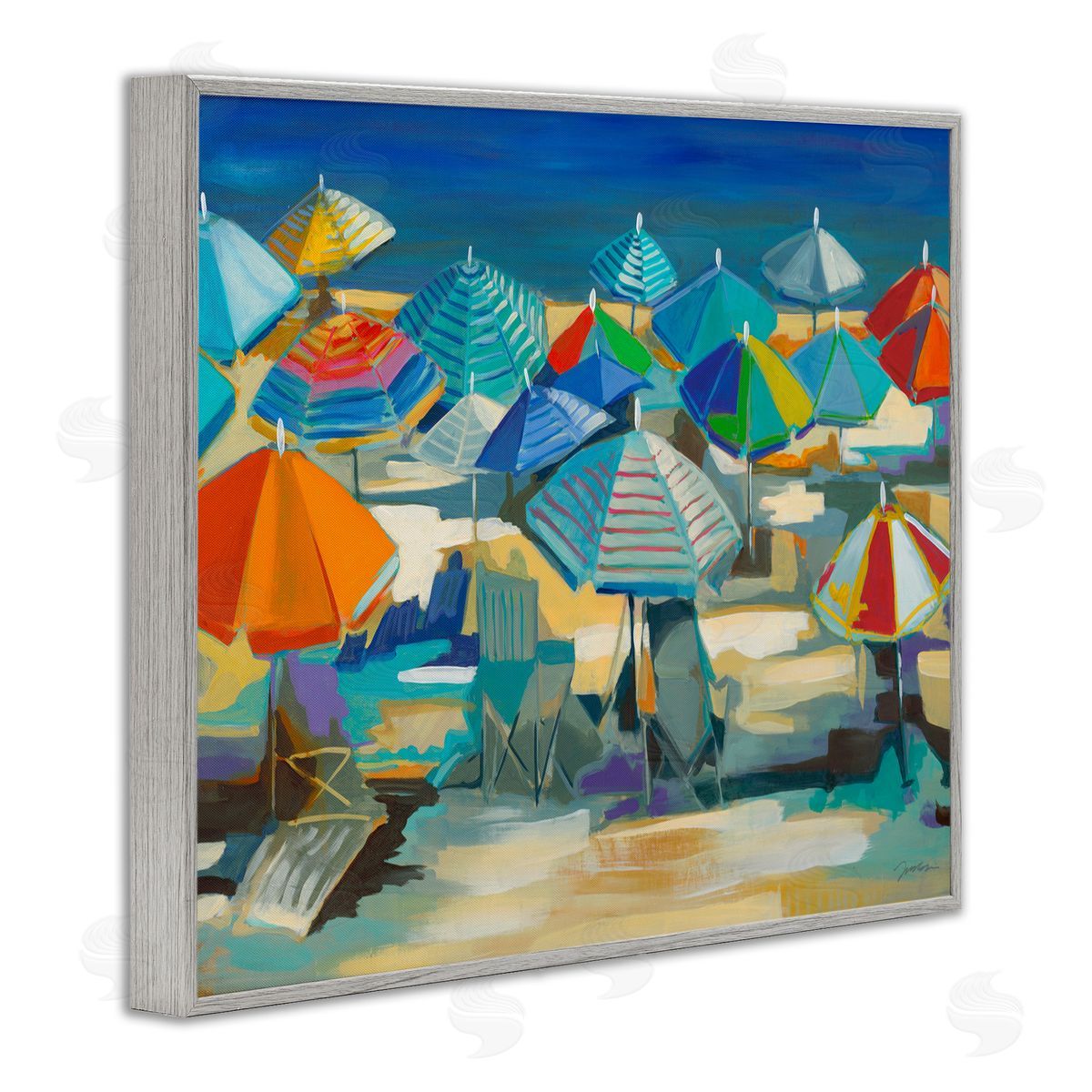 Liz Jardine Colorful Beach Umbrella Nautical Landscape Gray Framed Giclee Wall Art
