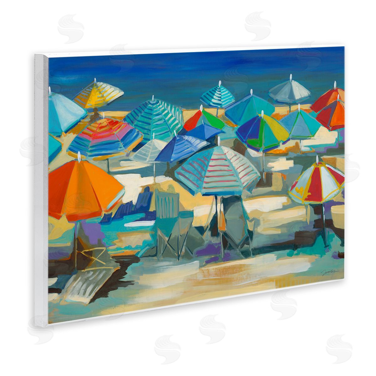 Liz Jardine Colorful Beach Umbrella Nautical Landscape Wall Plaque Art