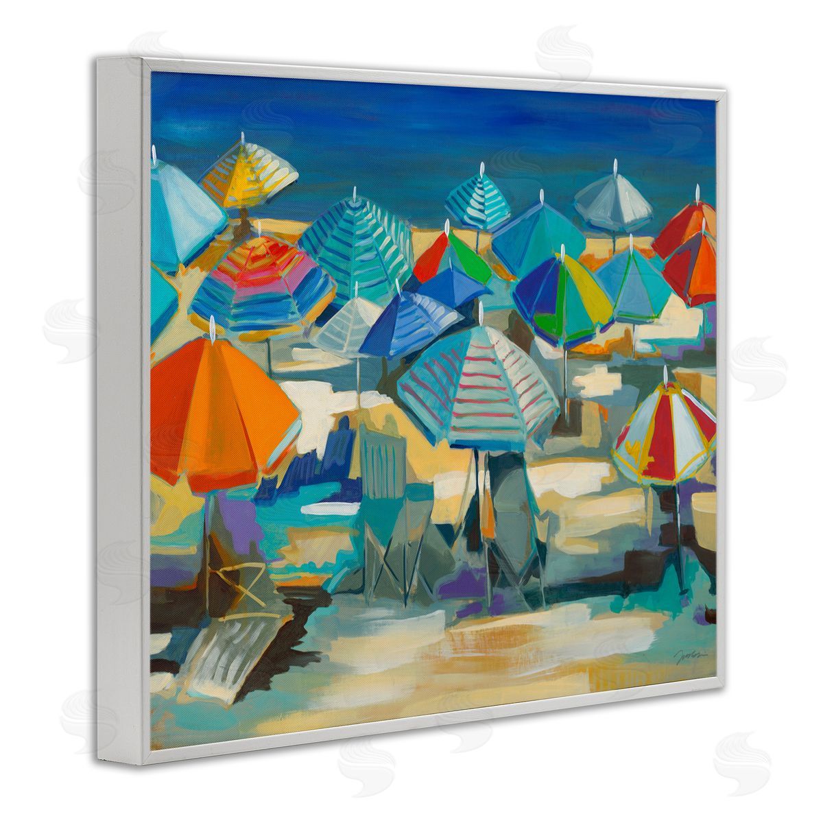 Liz Jardine Colorful Beach Umbrella Nautical Landscape White Framed Giclee Wall Art