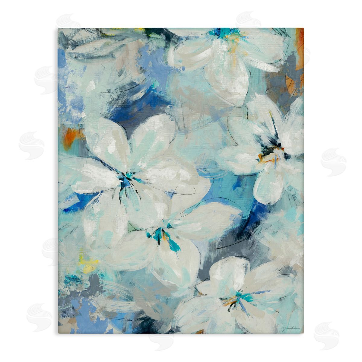 Liz Jardine White Flowers Abstract Blue Detailing Canvas Wall Art