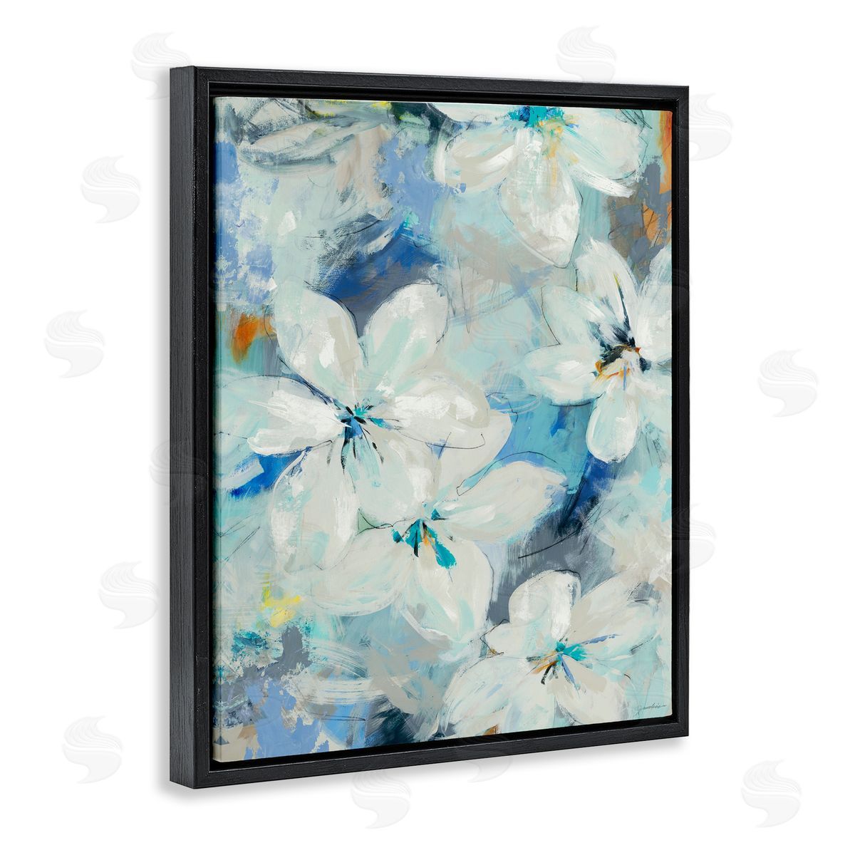 Liz Jardine White Flowers Abstract Blue Detailing Black Floater Frame Canvas Art