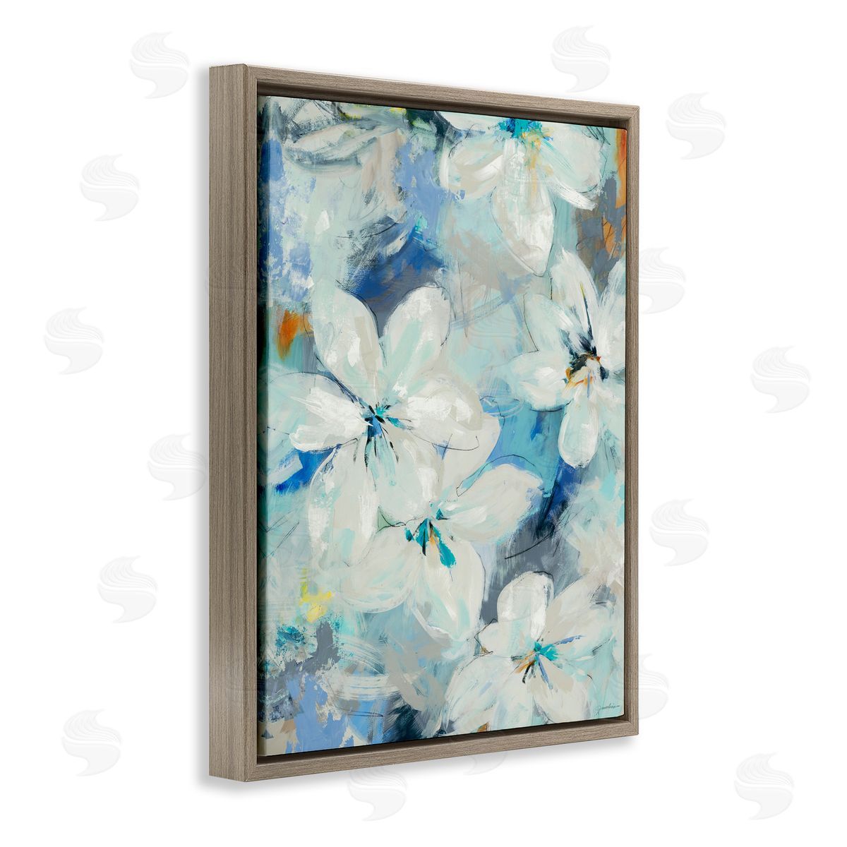 Liz Jardine White Flowers Abstract Blue Detailing Brown Floater Frame Canvas Art
