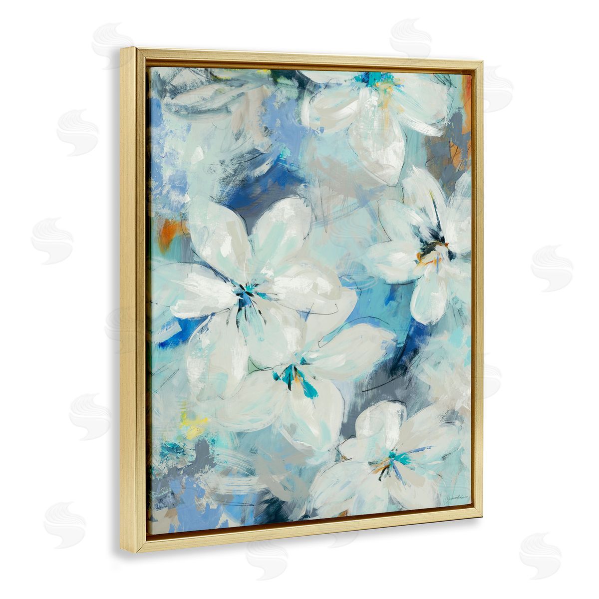 Liz Jardine White Flowers Abstract Blue Detailing Gold Floater Frame Canvas Art
