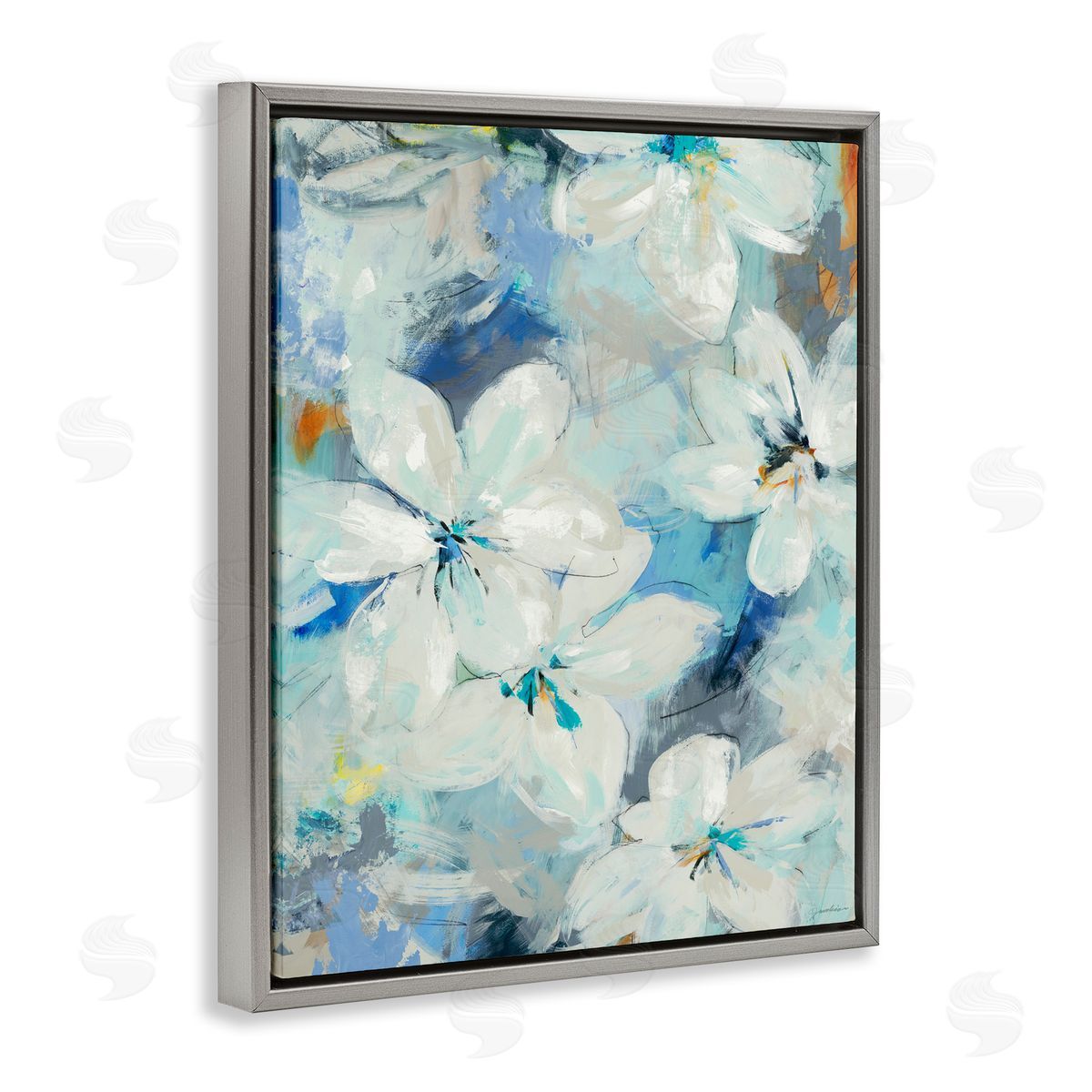 Liz Jardine White Flowers Abstract Blue Detailing Gray Floater Frame Canvas Art