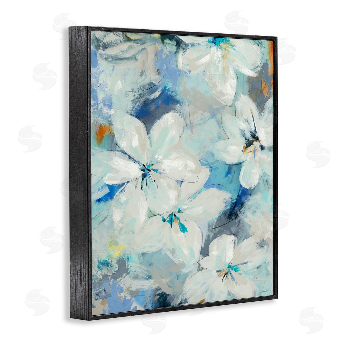 Liz Jardine White Flowers Abstract Blue Detailing Black Framed Giclee Wall Art