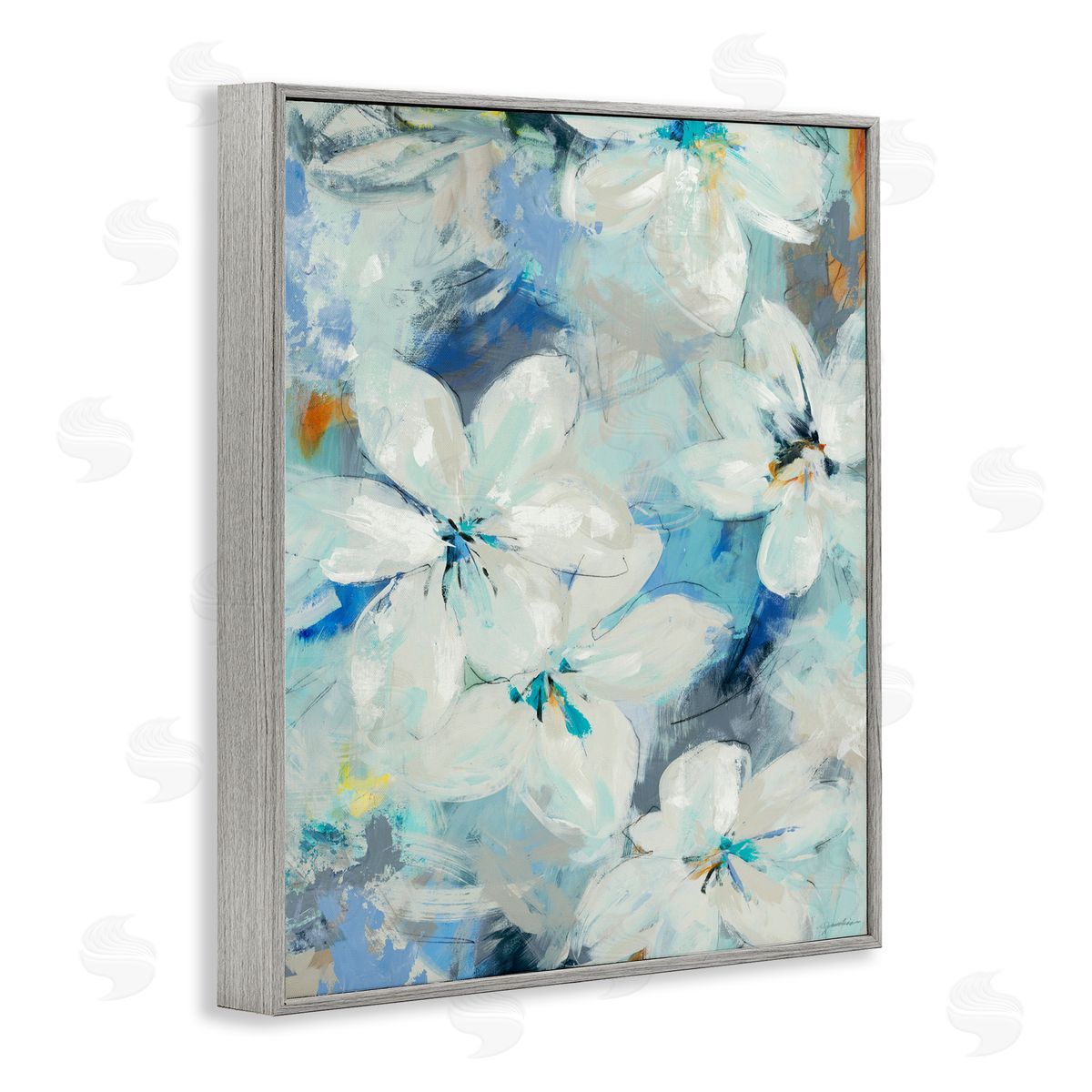 Liz Jardine White Flowers Abstract Blue Detailing Gray Framed Giclee Wall Art