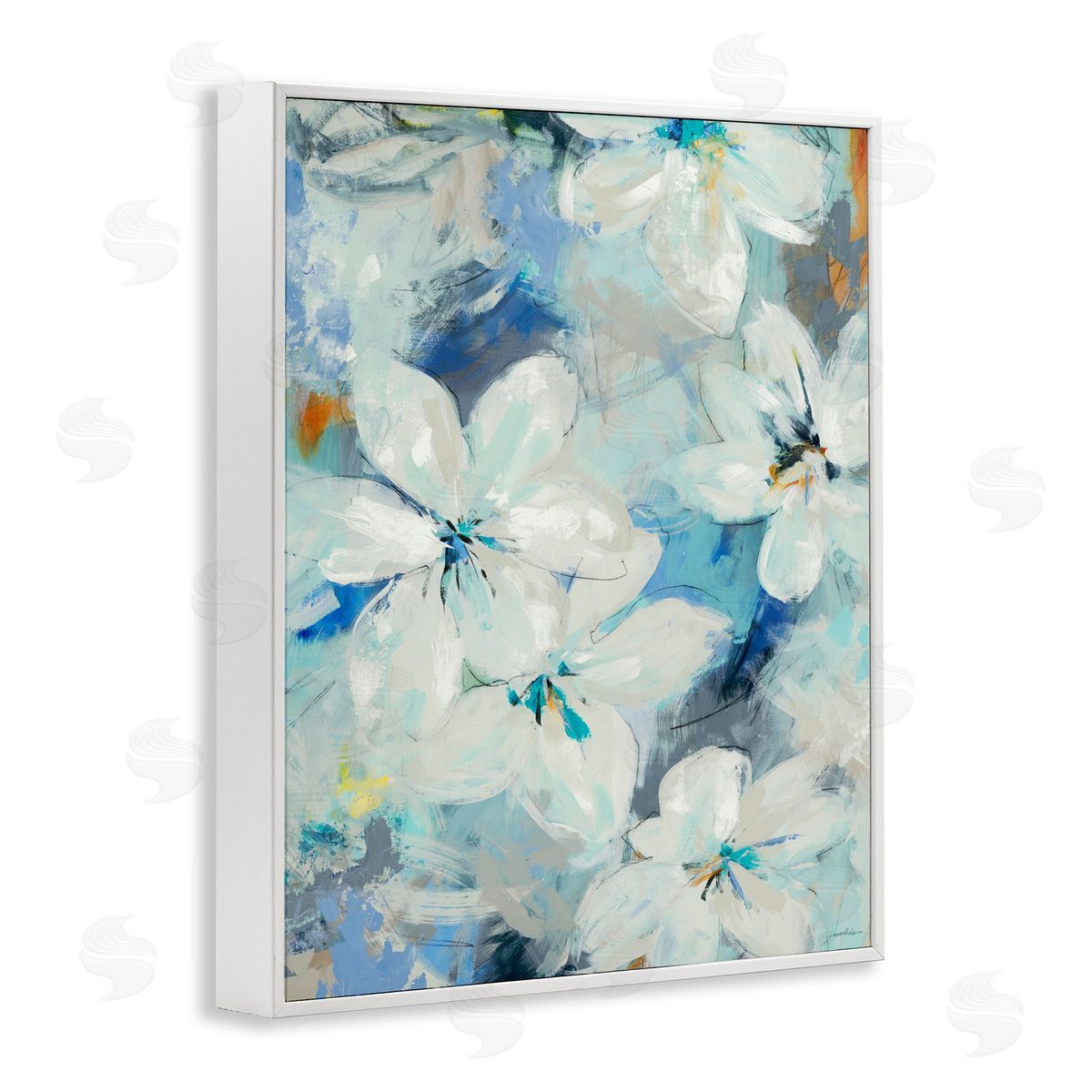 Liz Jardine White Flowers Abstract Blue Detailing White Framed Giclee Wall Art