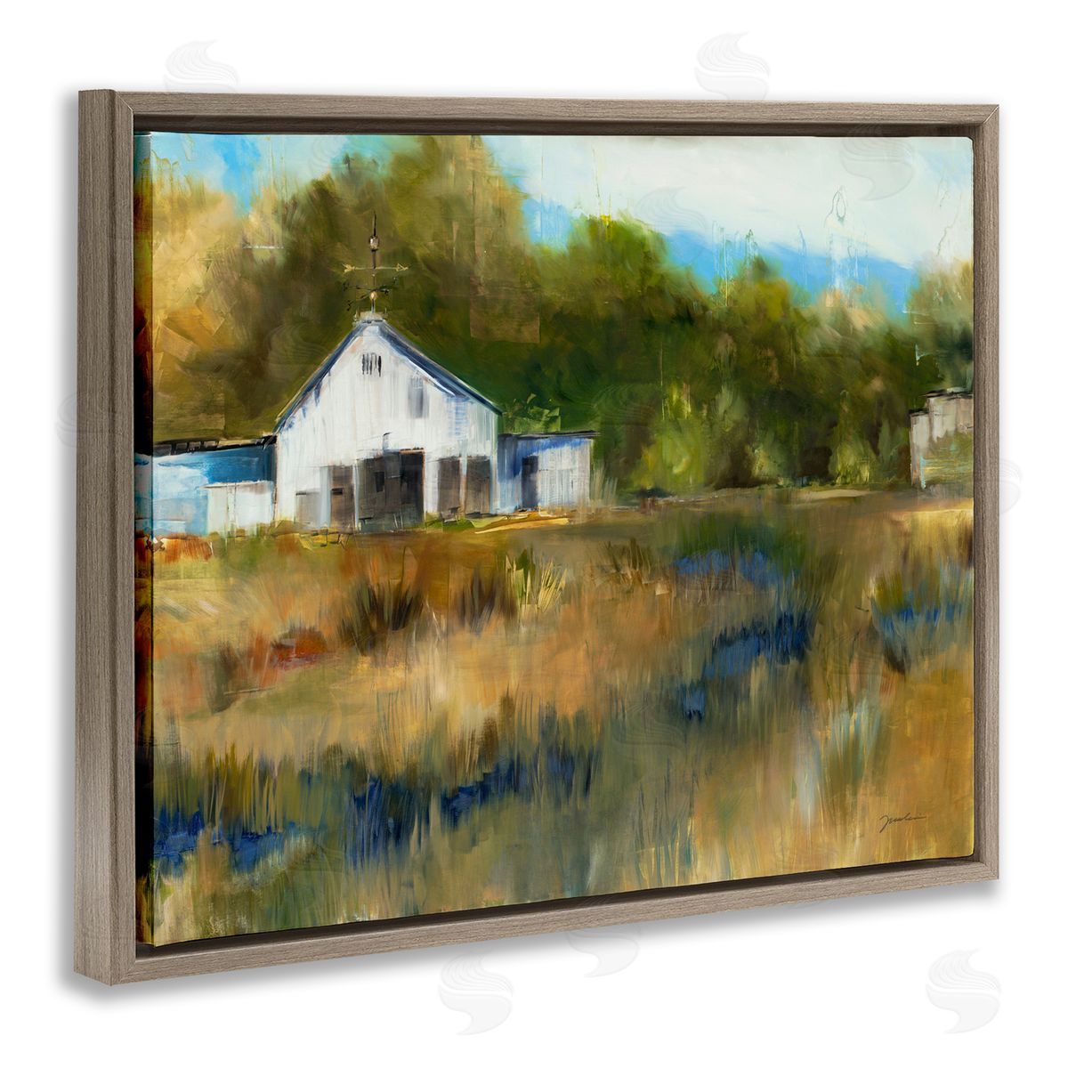 Liz Jardine White Farmhouse Landscape Rustic Brown Floater Frame Canvas Art