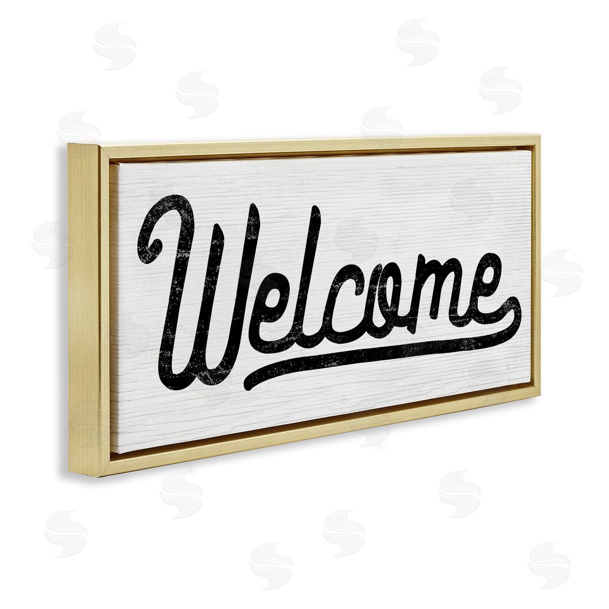 Stupell Studio Welcome Sign Whimsical Script Gold Floater Frame Canvas Art
