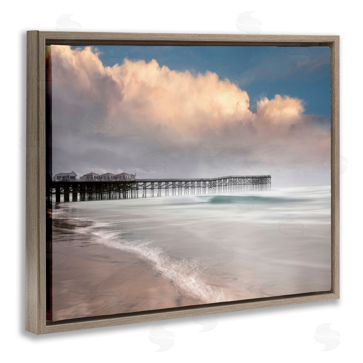Lee Sie Beach Wharf Nautical Landscape Brown Floater Frame Canvas Art