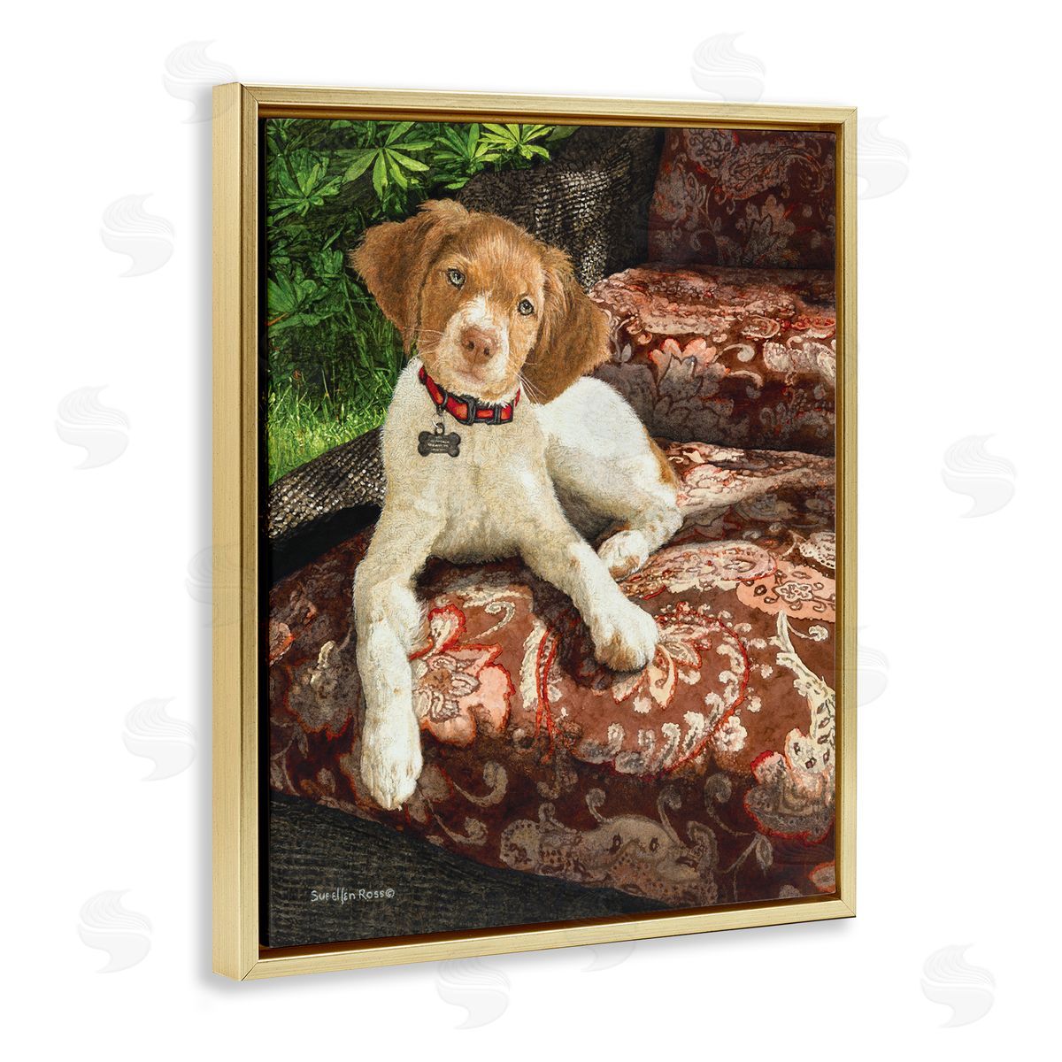 Sueellen Ross Country Dog Floral Paisley Chair Gold Floater Frame Canvas Art