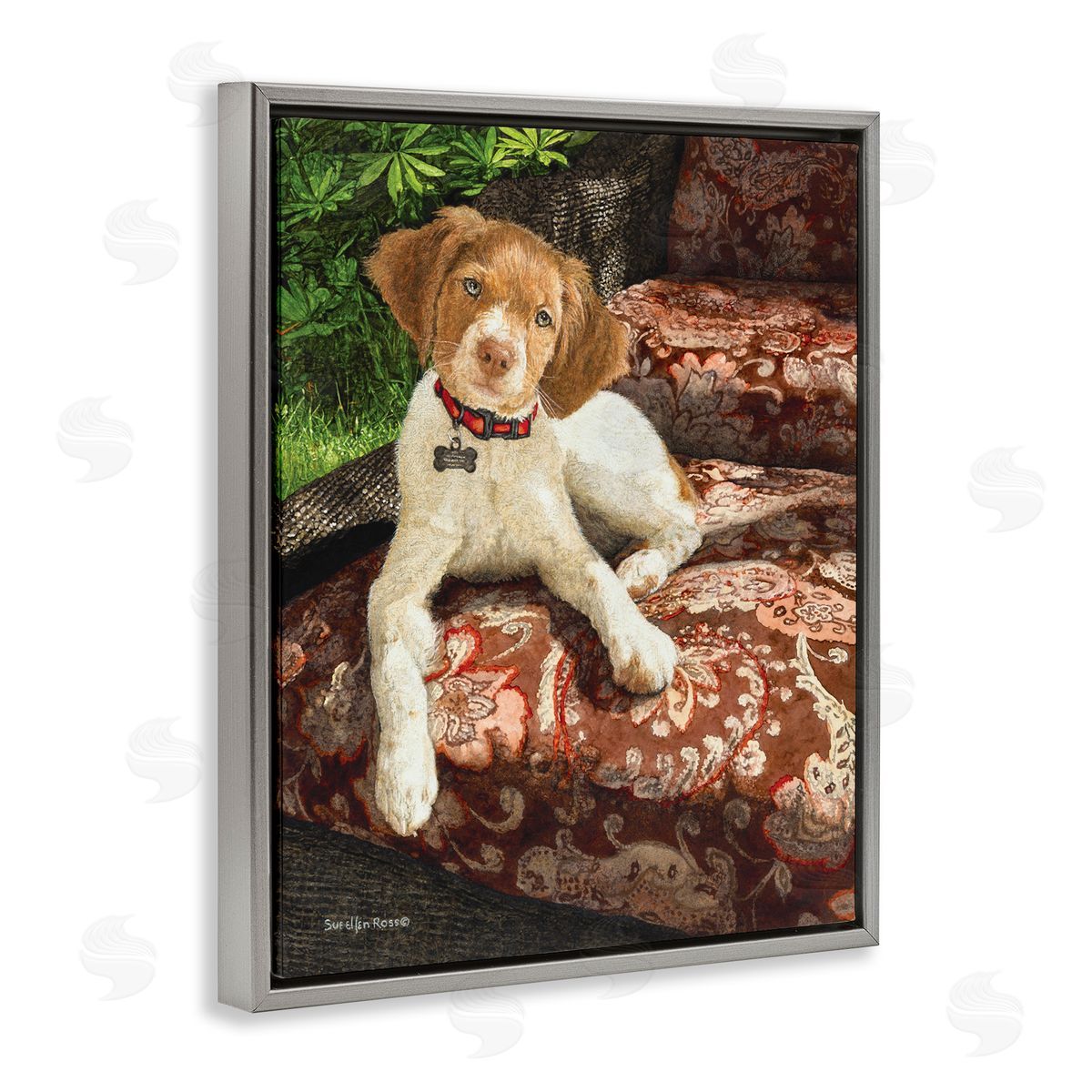 Sueellen Ross Country Dog Floral Paisley Chair Gray Floater Frame Canvas Art