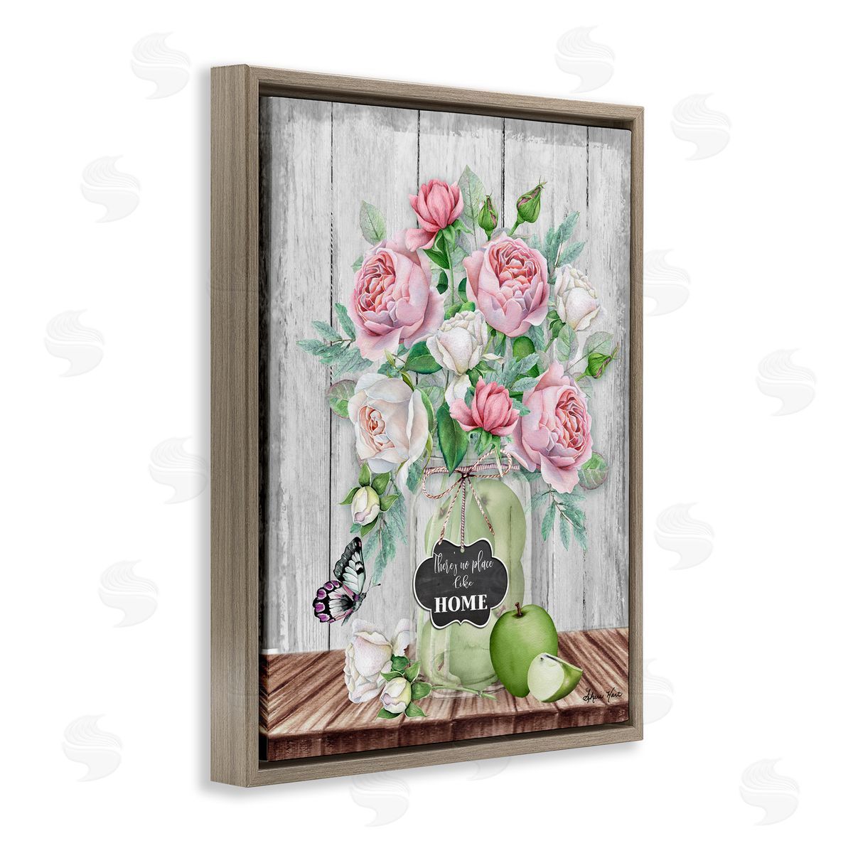 Sheri Hart No Place Like Home Pink Roses Brown Floater Frame Canvas Art