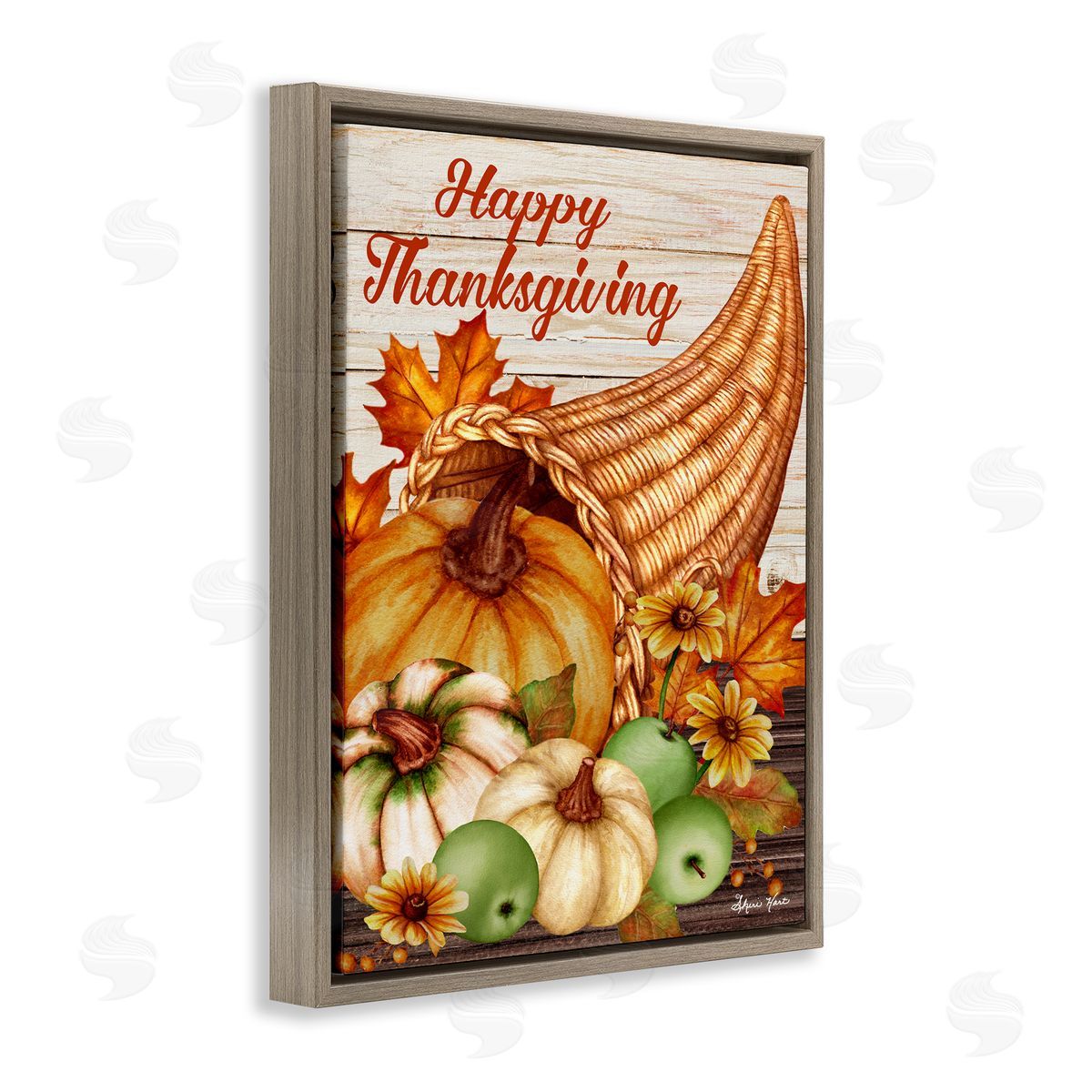 Sheri Hart Happy Thanksgiving Harvest Cornucopia Brown Floater Frame Canvas Art