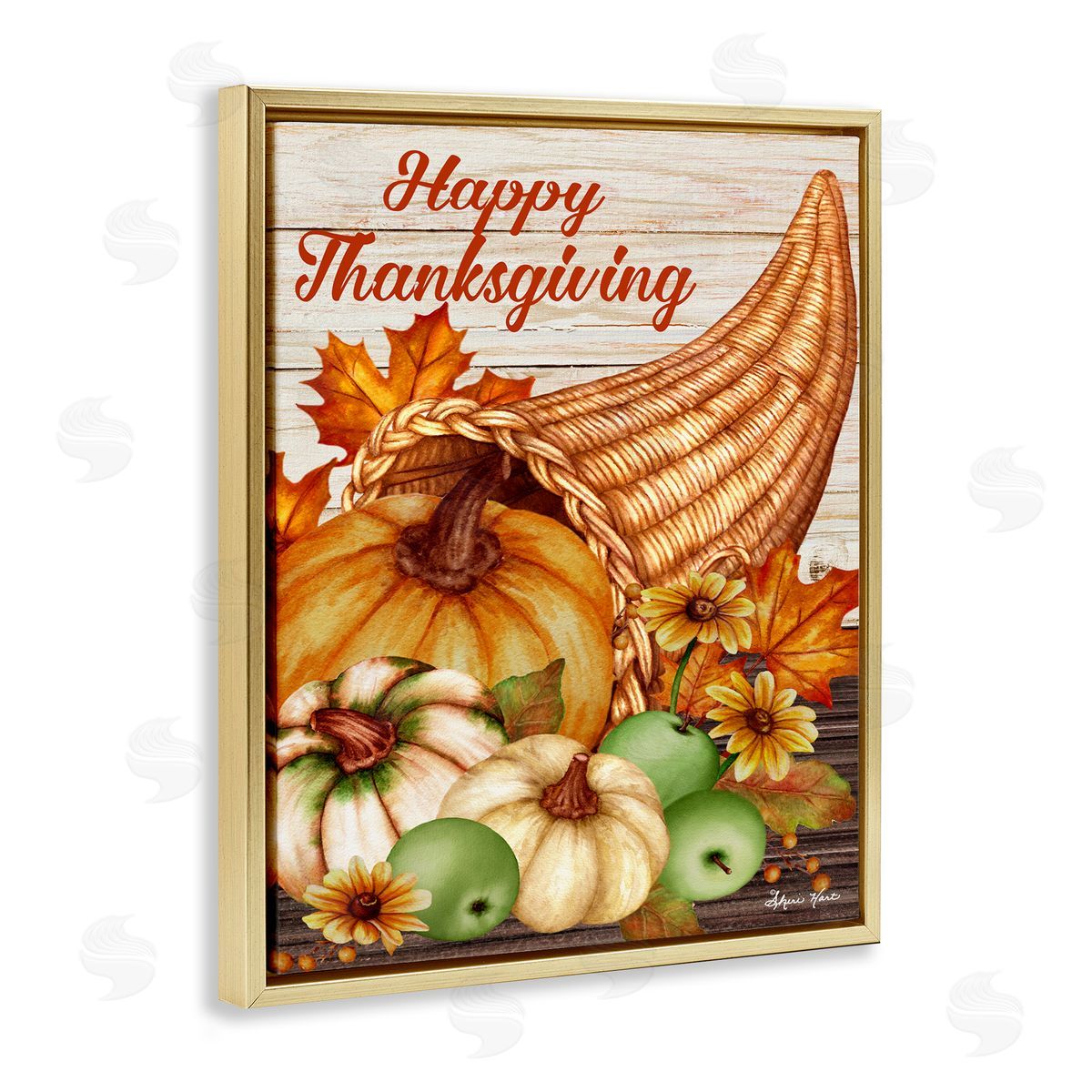Sheri Hart Happy Thanksgiving Harvest Cornucopia Gold Floater Frame Canvas Art