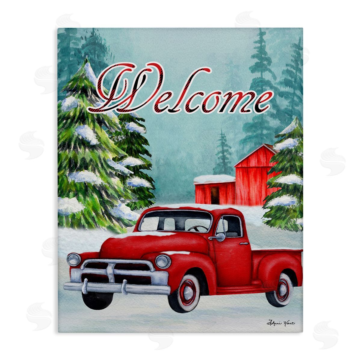 Sheri Hart Winter Welcome Red Truck Sign Canvas Wall Art