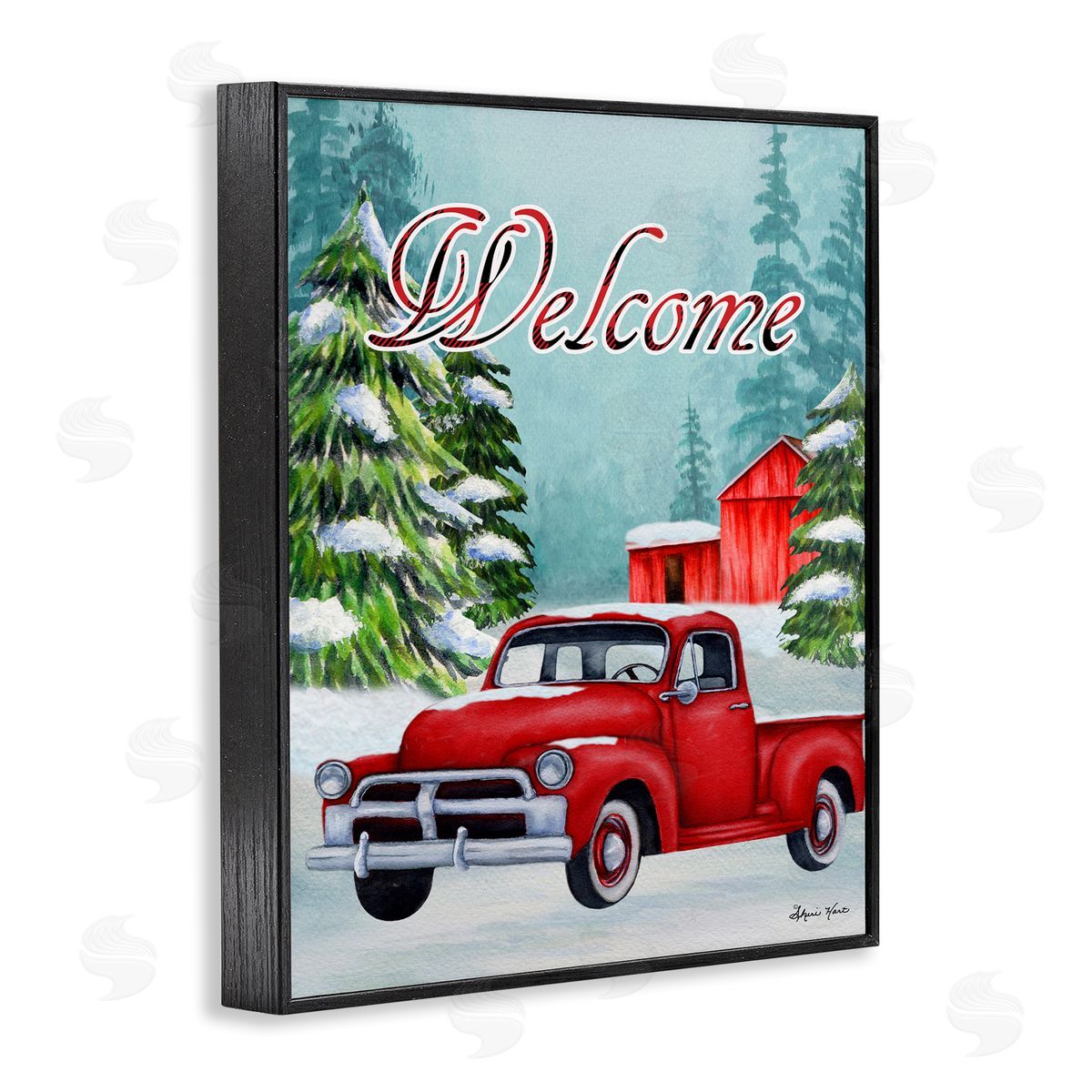Sheri Hart Winter Welcome Red Truck Sign Black Framed Giclee Wall Art