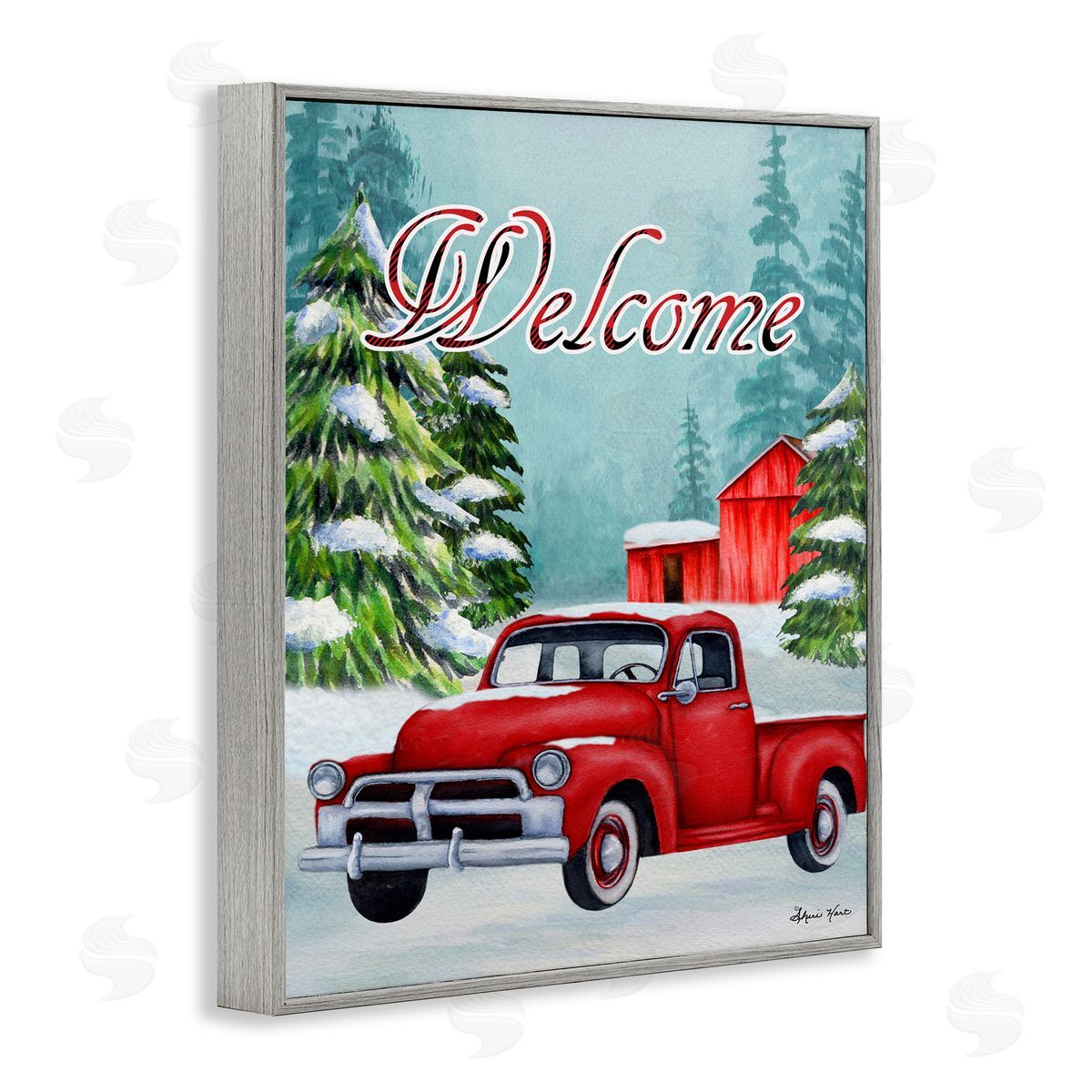 Sheri Hart Winter Welcome Red Truck Sign Gray Framed Giclee Wall Art