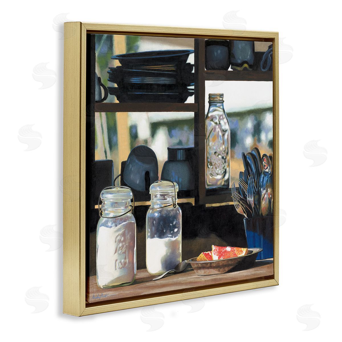 Heide Presse Realistic Kitchen Shelf Painting Gold Floater Frame Canvas Art