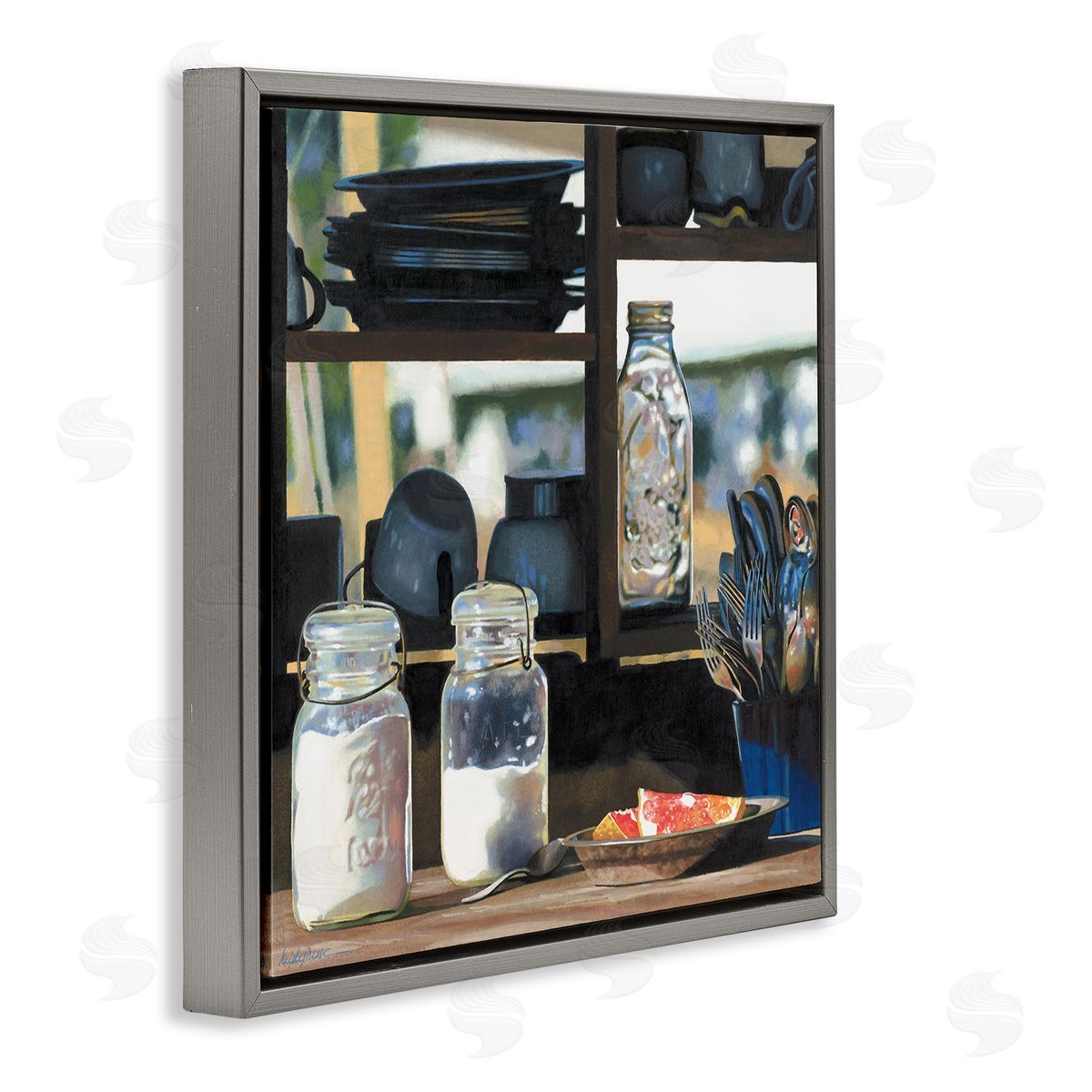 Heide Presse Realistic Kitchen Shelf Painting Gray Floater Frame Canvas Art