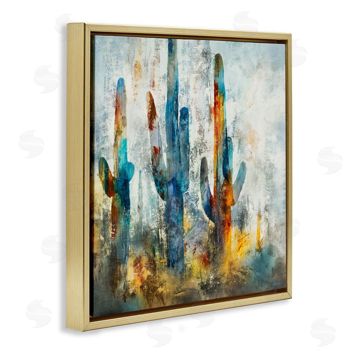 Abstract Vibrant Cacti Silhouettes Gold Floating Frame Canvas Wall Art, Home Decor by Scott Brems