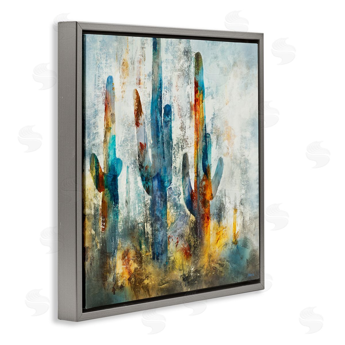Abstract Vibrant Cacti Silhouettes Grey Floating Frame Canvas Wall Art, Home Decor by Scott Brems