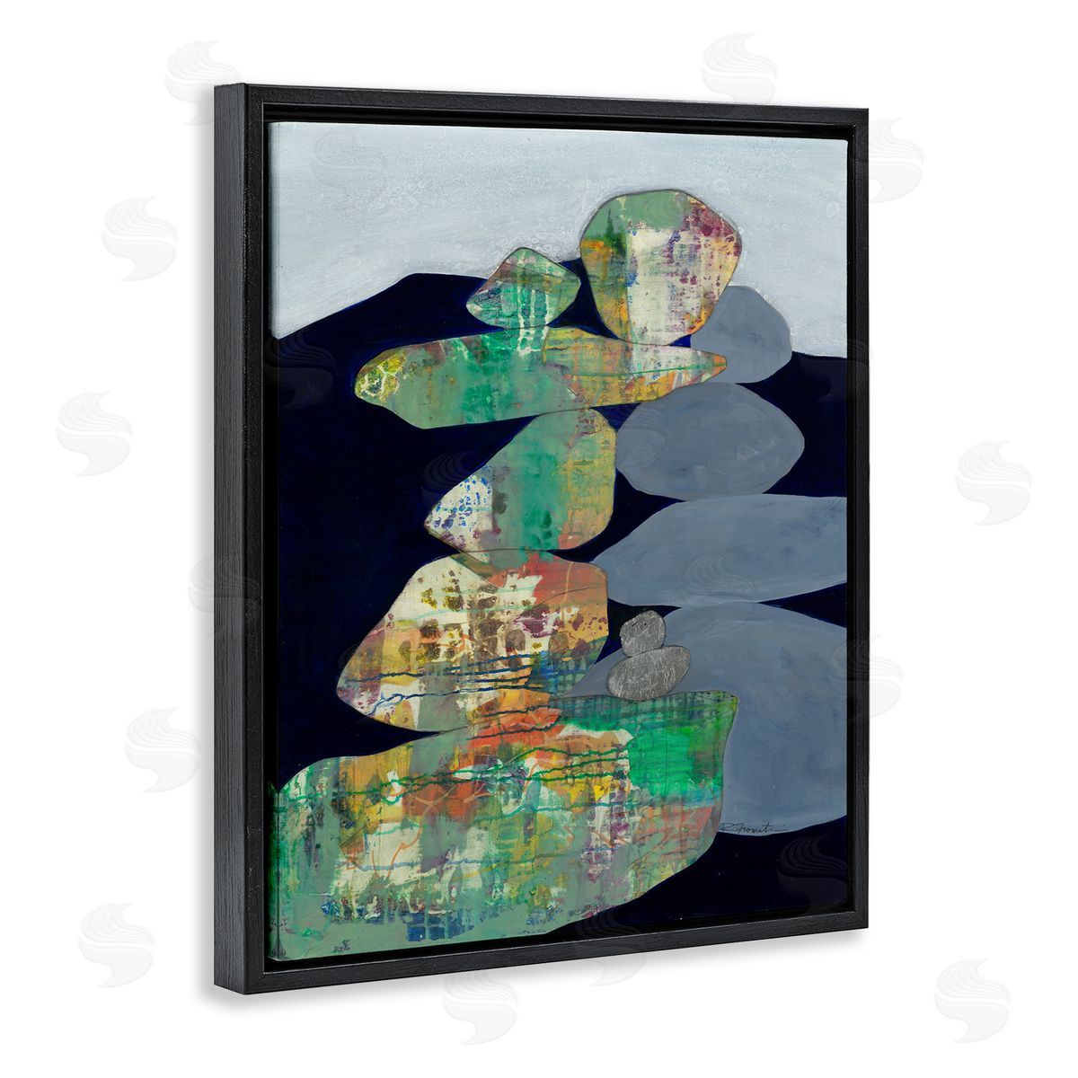 Ruth Fromstein Stacked Rocks Abstract Blue Green Black Floater Frame Canvas Art