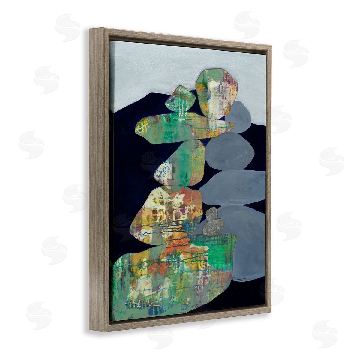 Ruth Fromstein Stacked Rocks Abstract Blue Green Brown Floater Frame Canvas Art