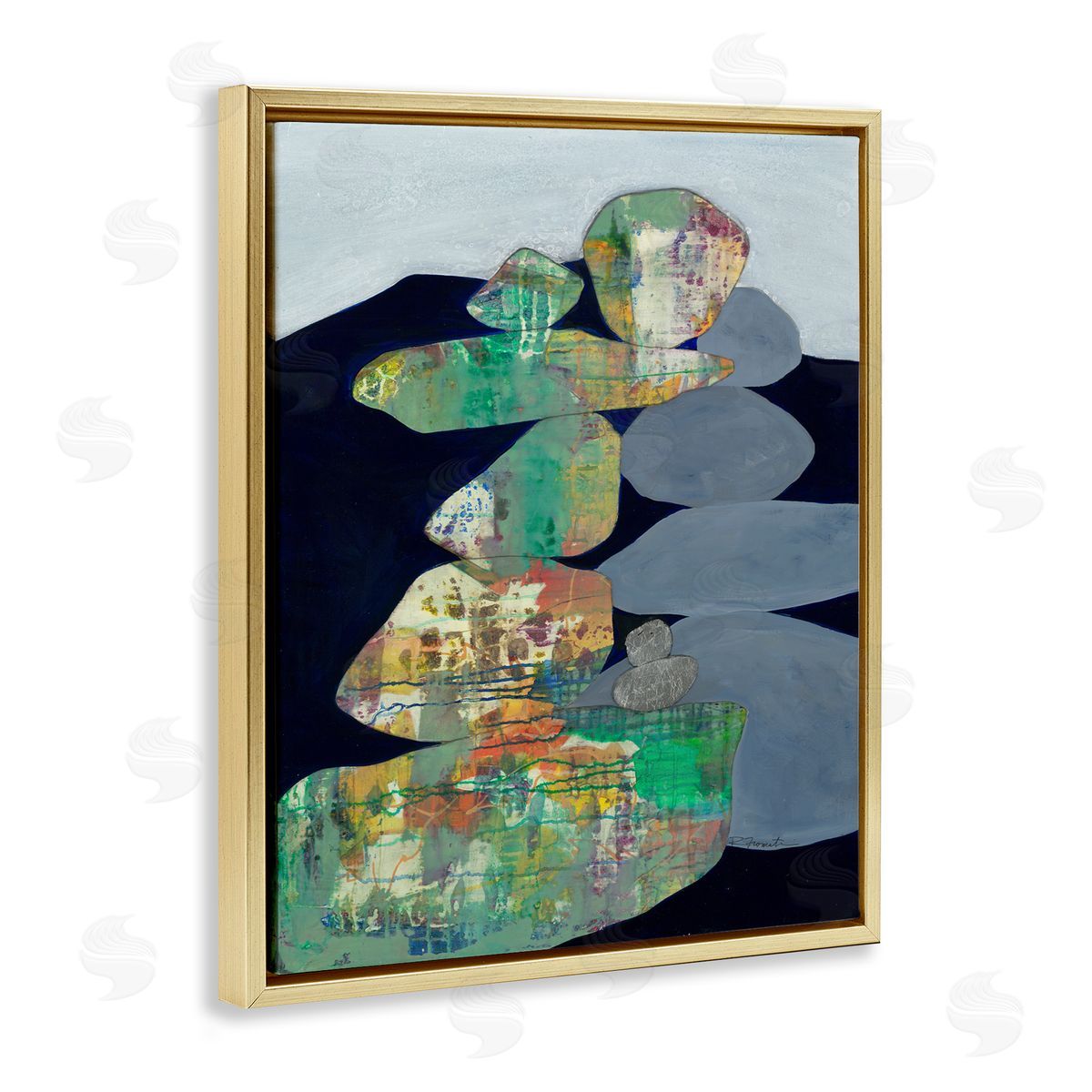 Ruth Fromstein Stacked Rocks Abstract Blue Green Gold Floater Frame Canvas Art
