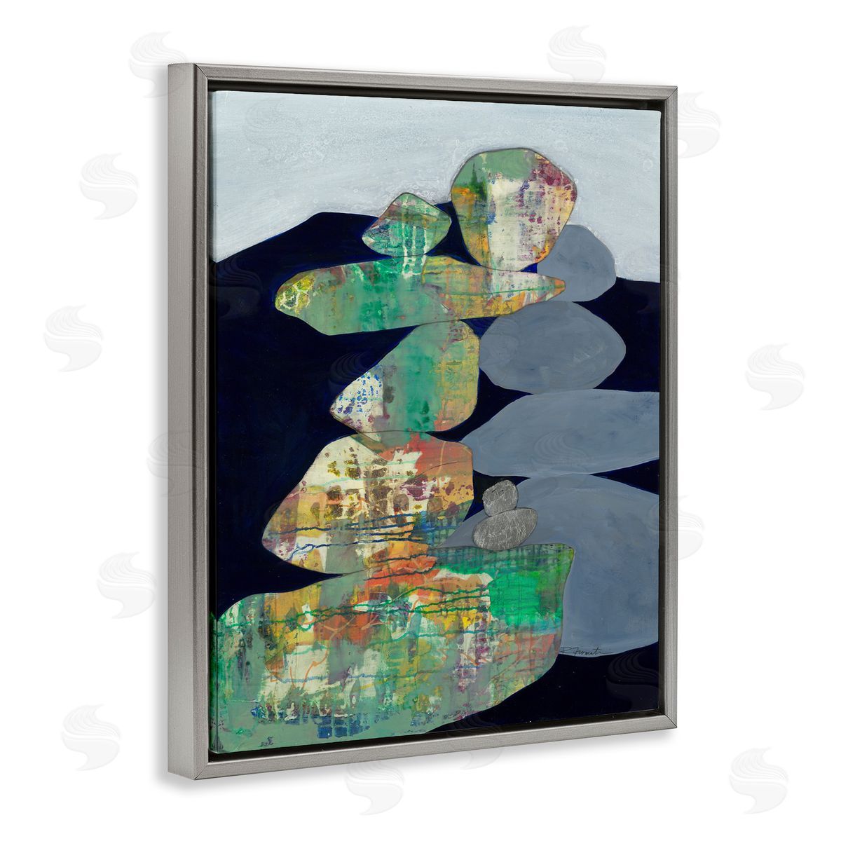 Ruth Fromstein Stacked Rocks Abstract Blue Green Gray Floater Frame Canvas Art
