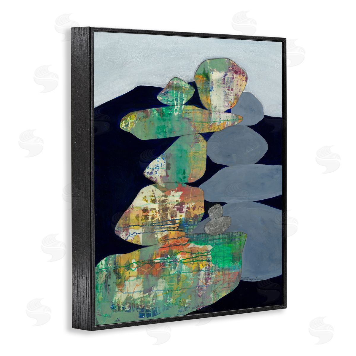 Ruth Fromstein Stacked Rocks Abstract Blue Green Black Framed Giclee Wall Art