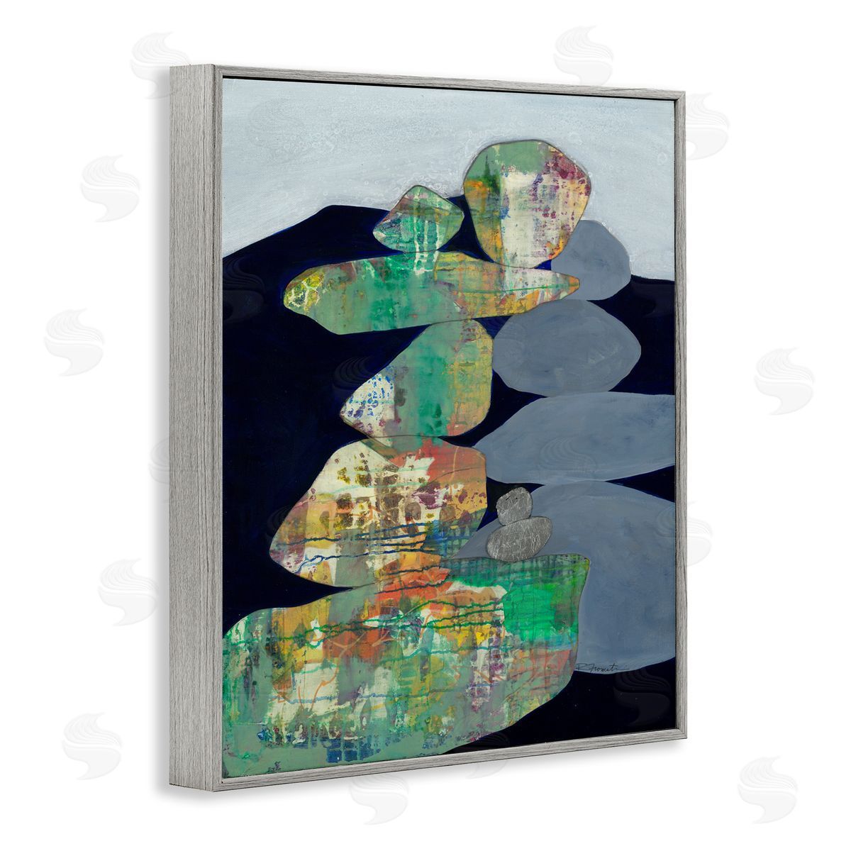 Ruth Fromstein Stacked Rocks Abstract Blue Green Gray Framed Giclee Wall Art