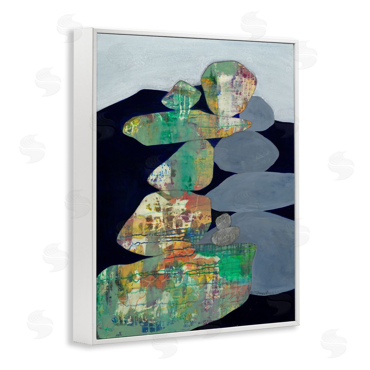 Ruth Fromstein Stacked Rocks Abstract Blue Green White Framed Giclee Wall Art