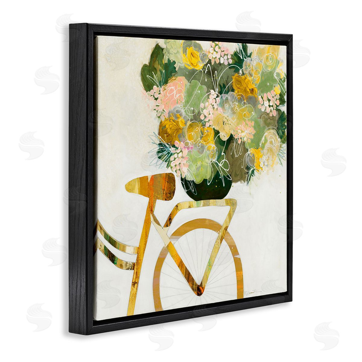 Ruth Fromstein Yellow Floral Bouquet on Bicycle Black Floater Frame Canvas Art