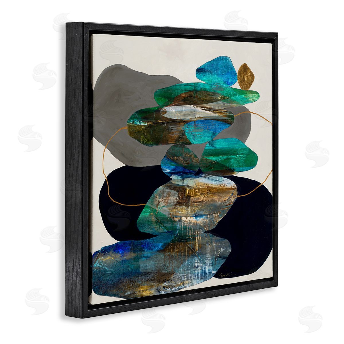 Ruth Fromstein Organic Rock Shapes Pattern Blue Black Floater Frame Canvas Art