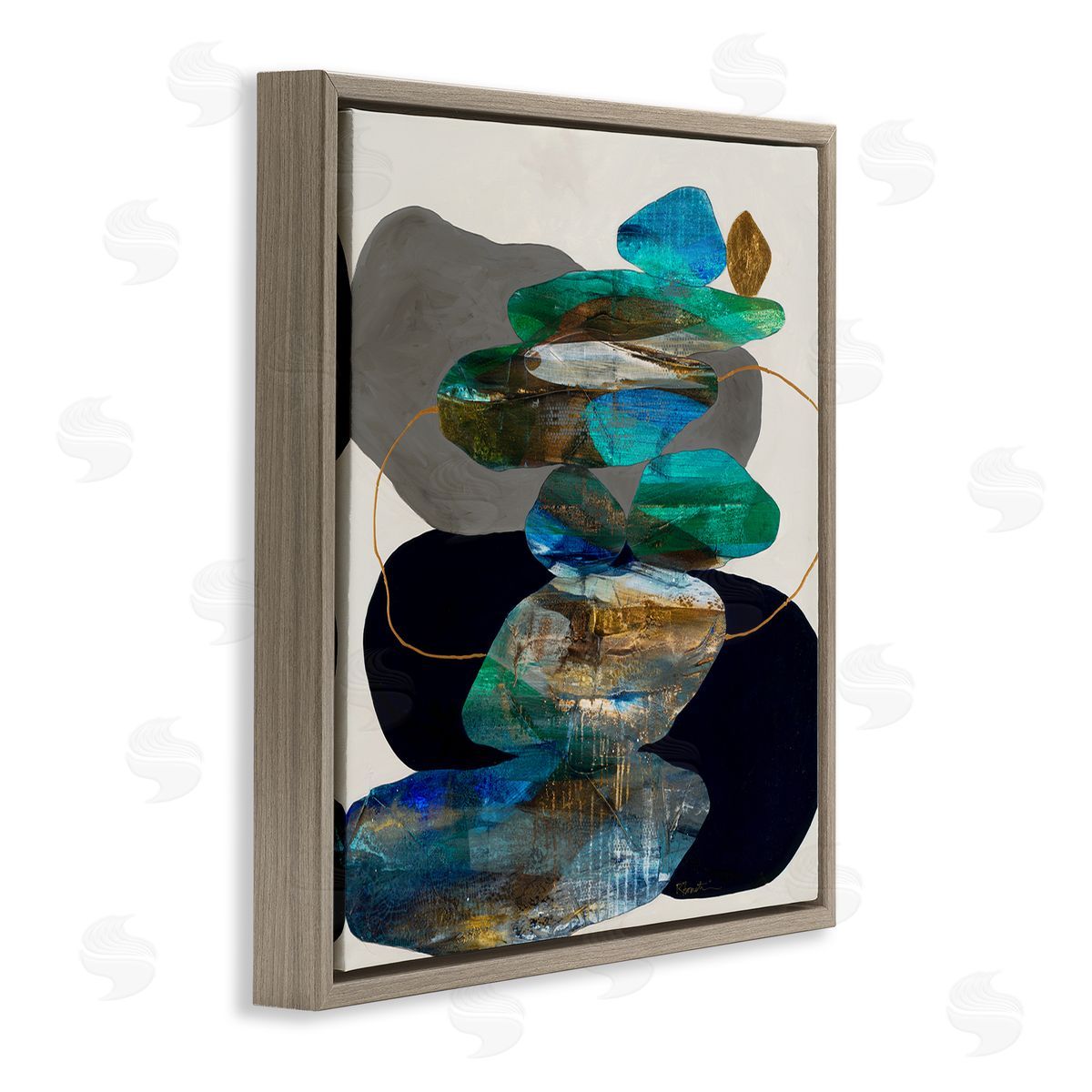 Ruth Fromstein Organic Rock Shapes Pattern Blue Brown Floater Frame Canvas Art