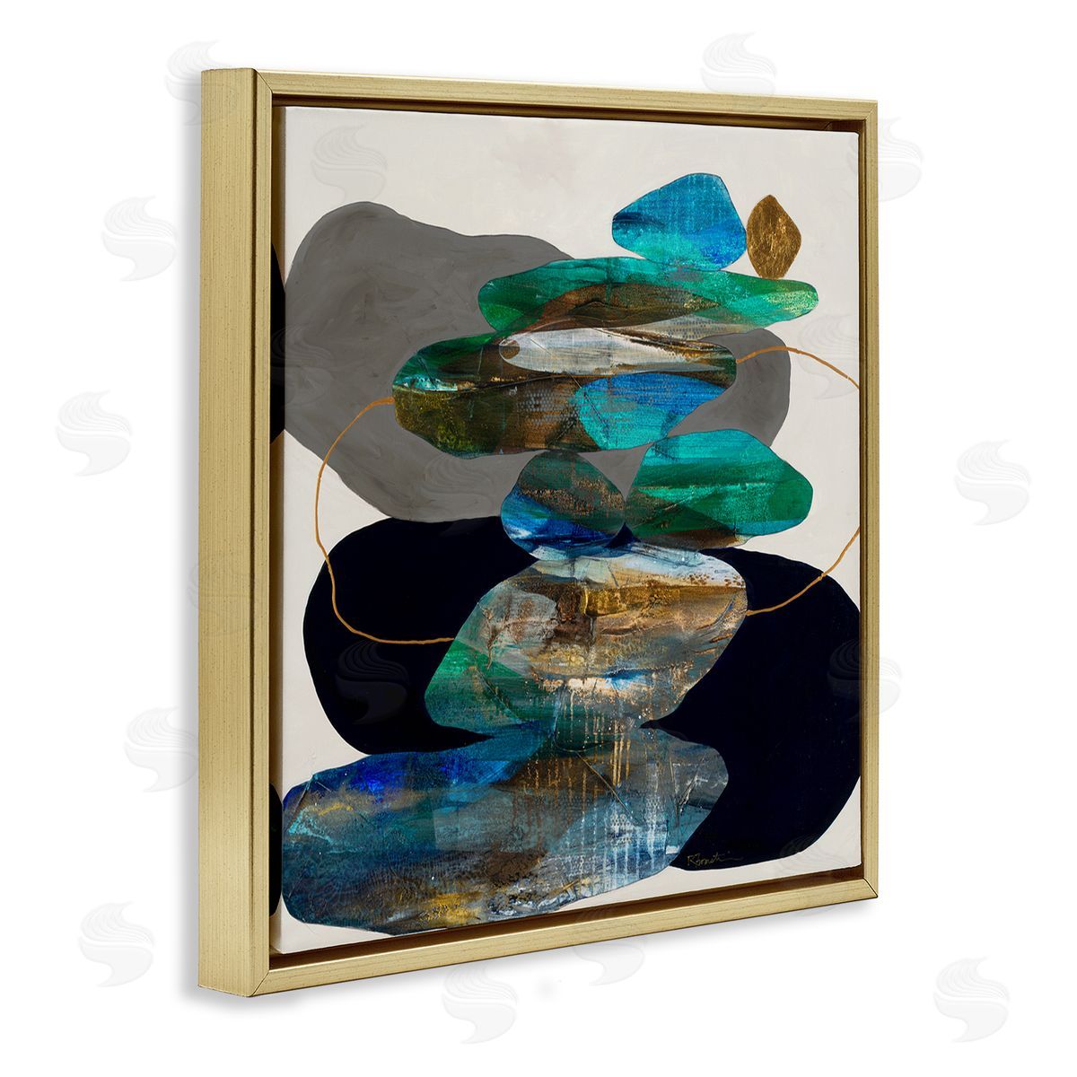 Ruth Fromstein Organic Rock Shapes Pattern Blue Gold Floater Frame Canvas Art