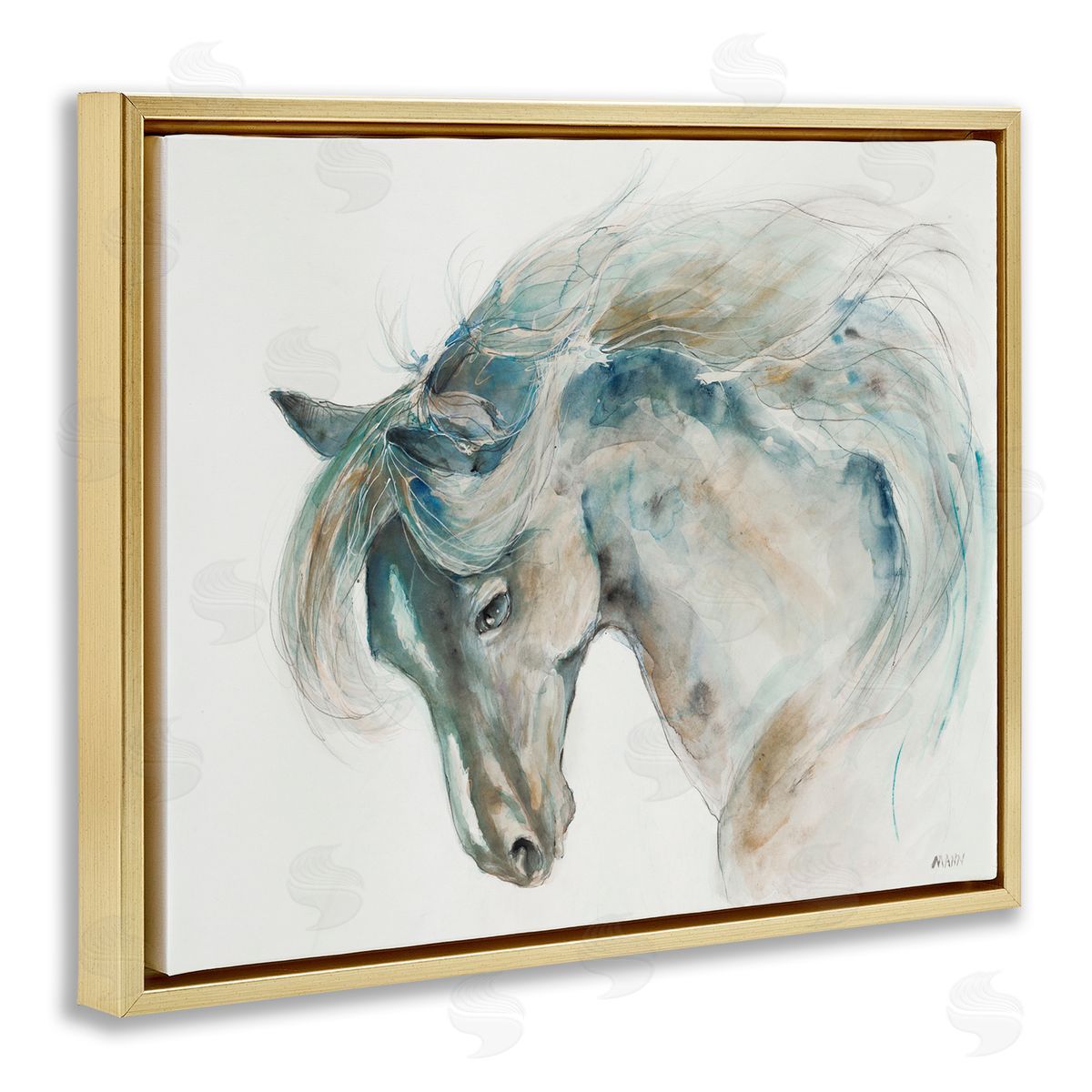 Patti Mann Watercolor Horse Blue Beige Gold Floater Frame Canvas Art